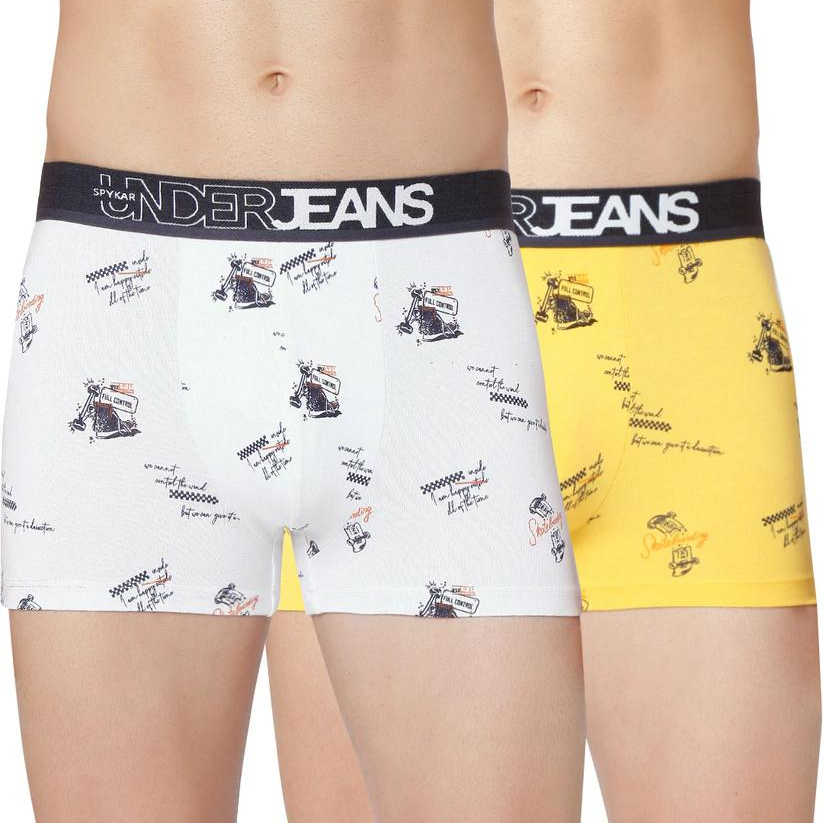 Men White & Yellow Cotton Blend Trunk (Pack Of 2)- Underjeans By Spykar