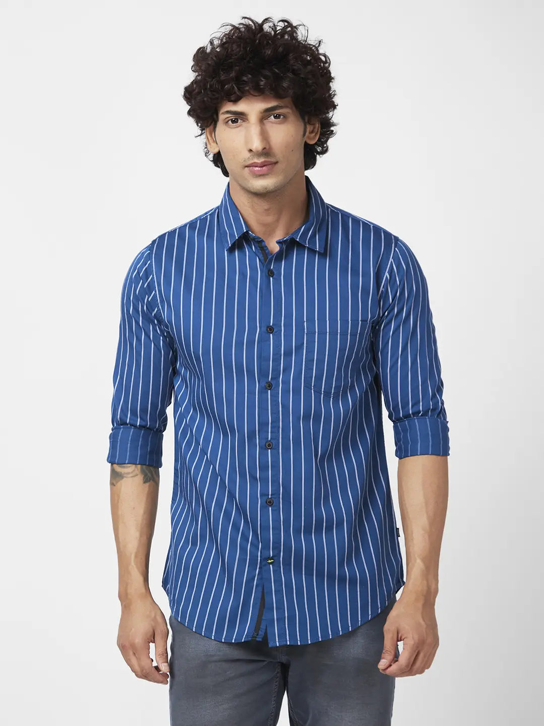Spykar Men Teal Blue Cotton Regular Slim Fit Full Sleeve Casual Striped Shirt