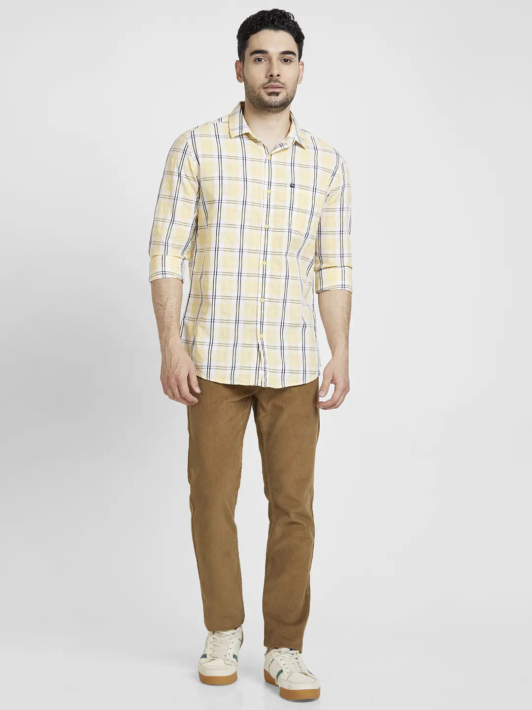 Spykar Men Butter Yellow Cotton Slim Fit Checkered Shirt