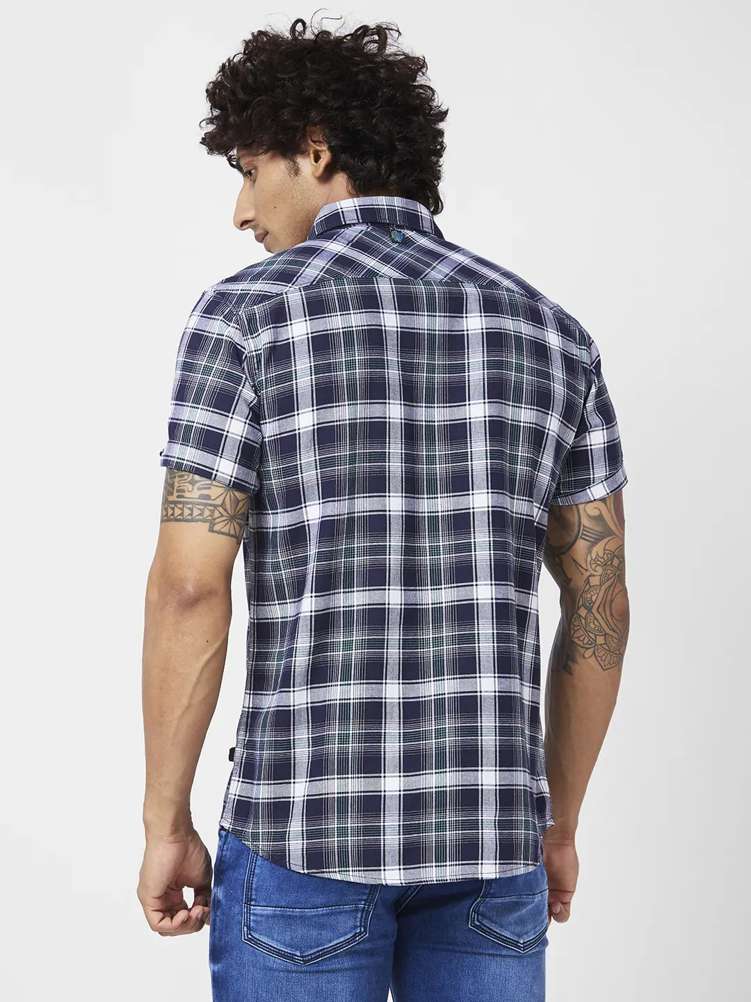 Spykar Men Navy Blue Cotton Regular Slim Fit Half Sleeve Casual Checkered Shirt