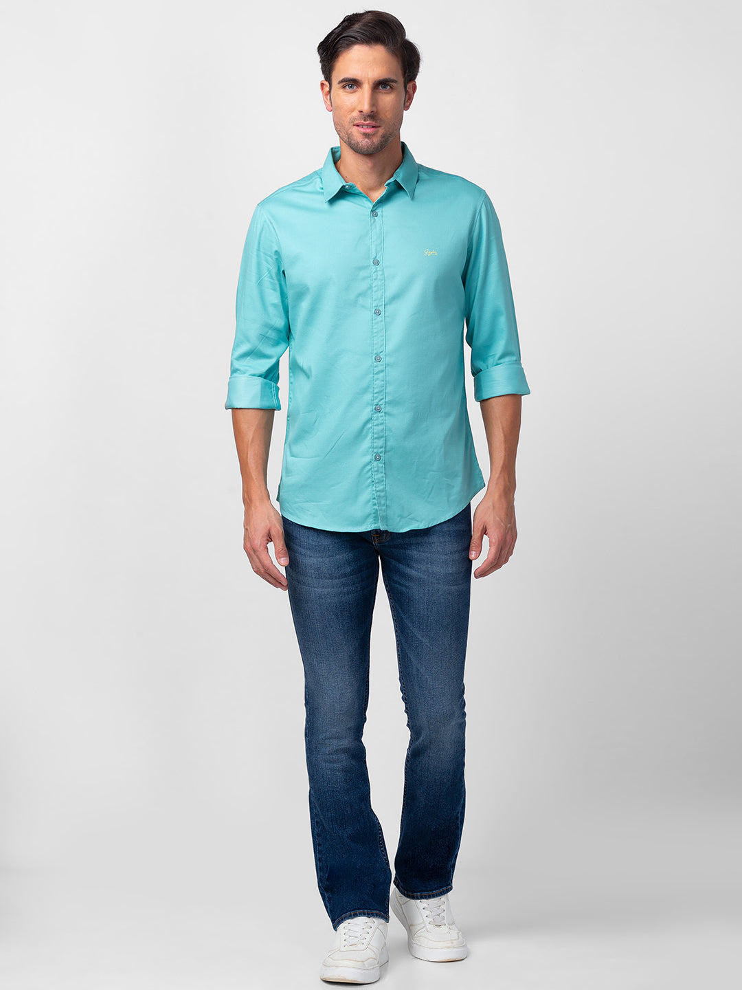 Spykar Men Cool Blue Cotton Slim Fit Plain Shirt