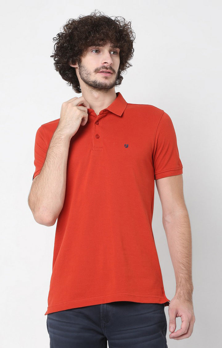 Men Orange Cotton Regular Fit Polo T-Shirt - Underjeans By Spykar