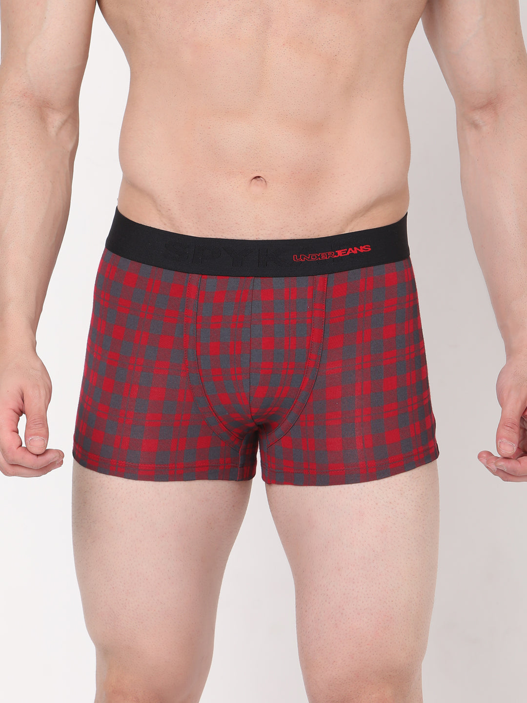 Men Maroon-Check Cotton Blend Trunk- Underjeans By Spykar
