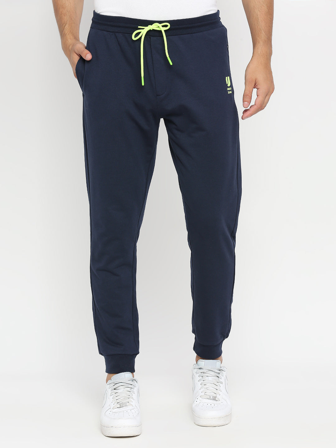 Men Cotton Blend Navy Trackpant - Underjeans By Spykar
