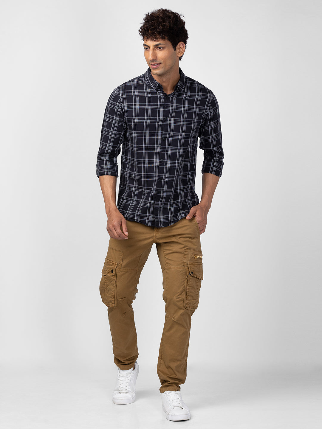 Spykar Men Black Cotton Slim Fit Checkered Shirt