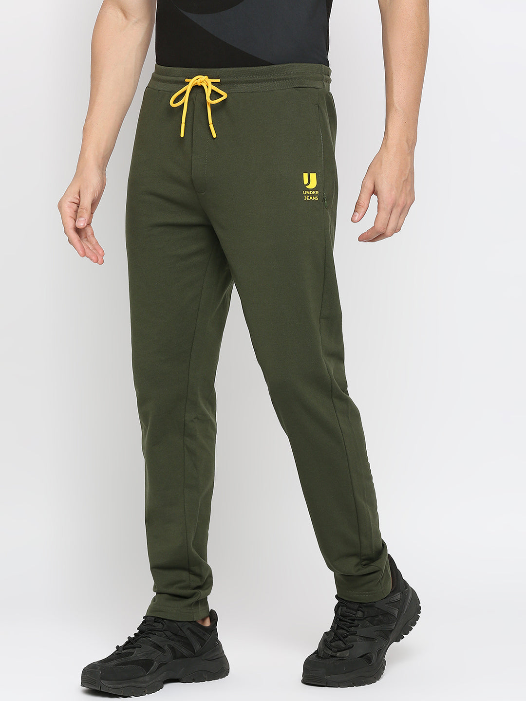 Men Cotton Blend Olive Trackpant- Underjeans By Spykar