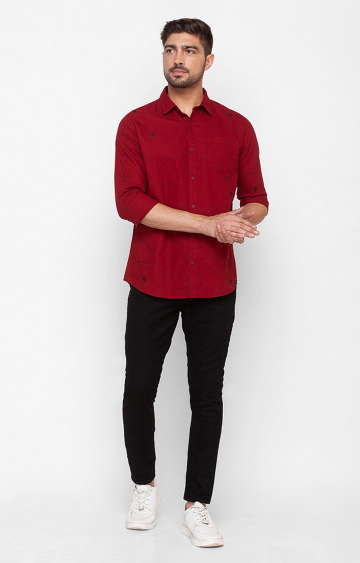 Spykar Deep Red Cotton Full Sleeve Printed Shirt For Men