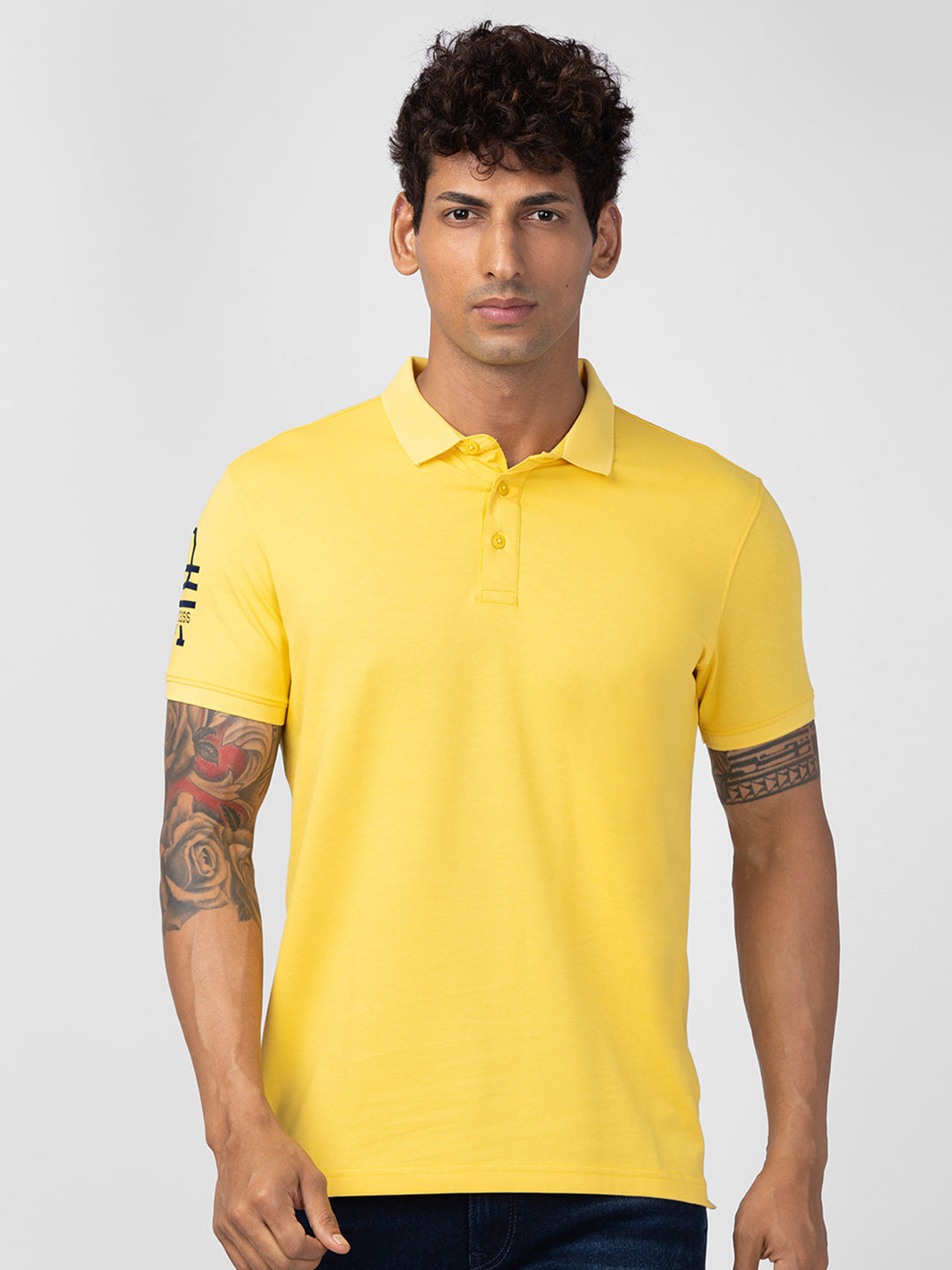 Spykar Men Yellow Cotton Regular Fit Half Sleeve Plain Polo T-Shirt