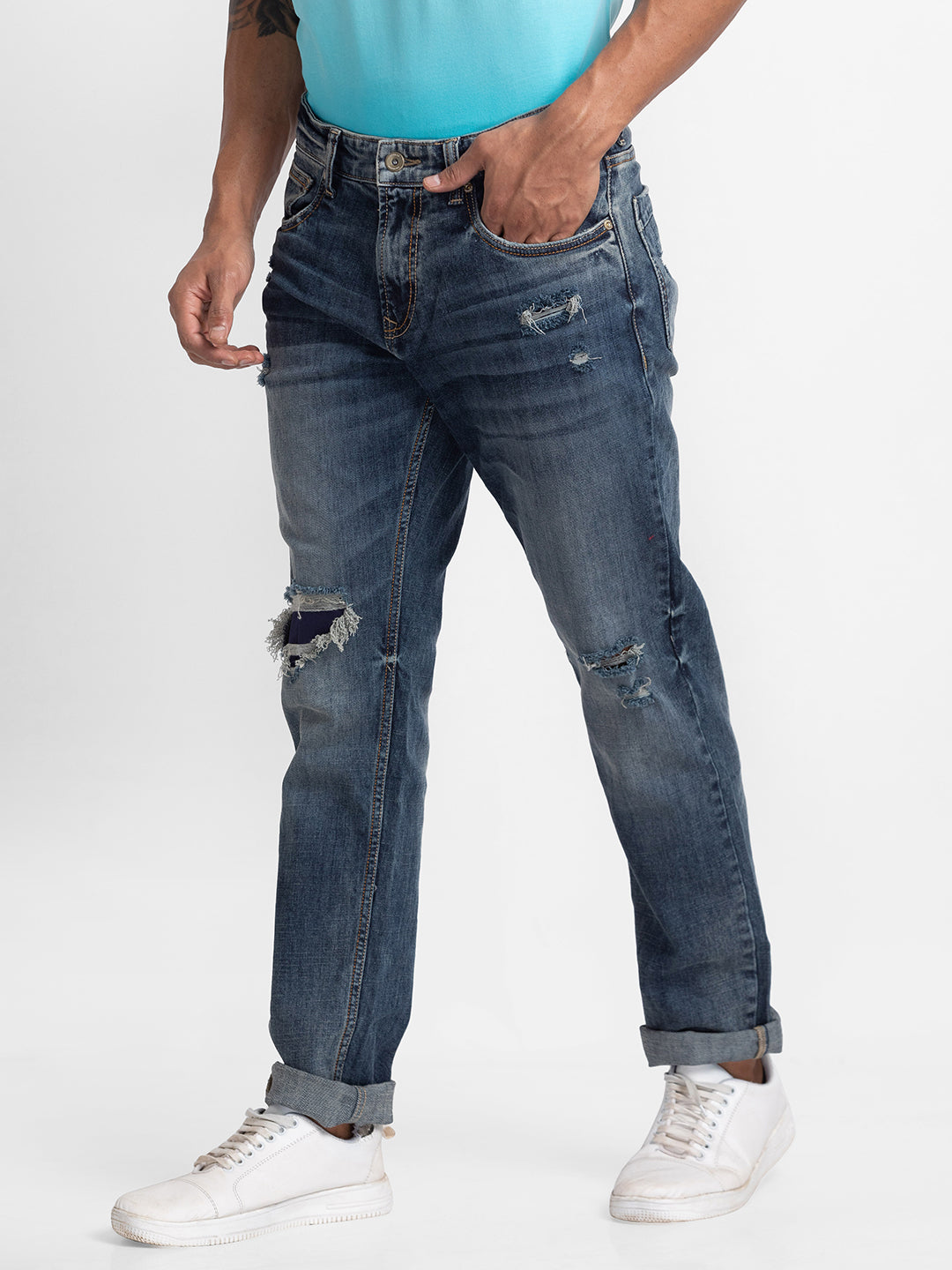 Spykar Dark Blue Cotton Regular Fit Narrow Length Jeans For Men (Rover)