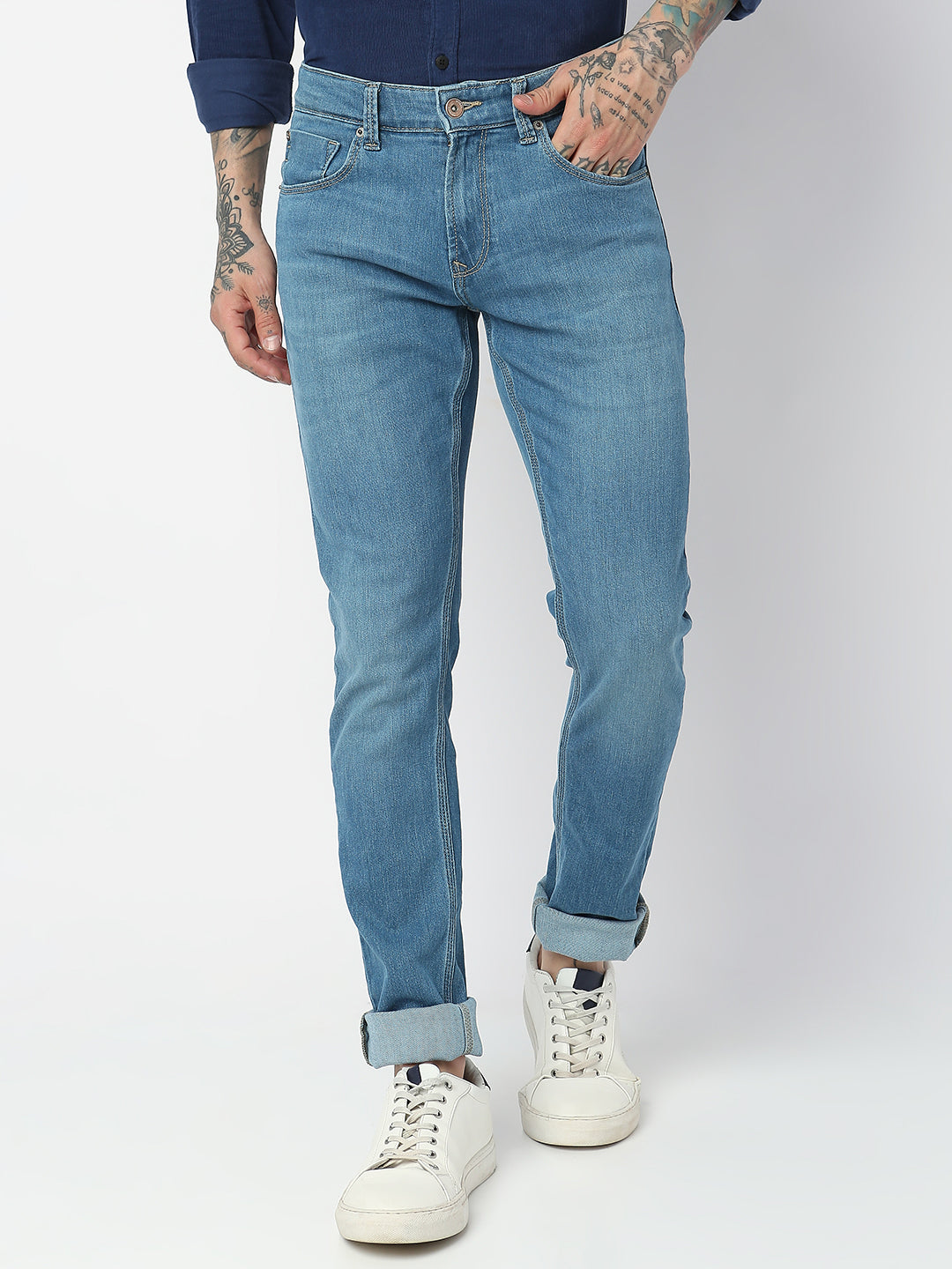 Spykar Men Mid Blue Cotton Slim Fit Narrow Length Jeans (Skinny)