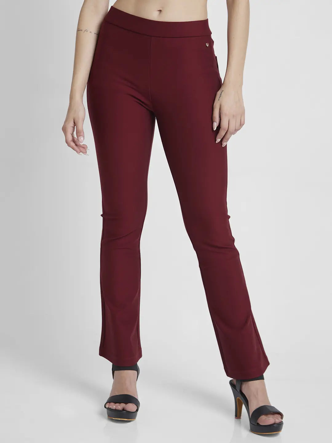Spykar Women Maroon Blended Bell Bottom Fit Ankle Length Trackpant