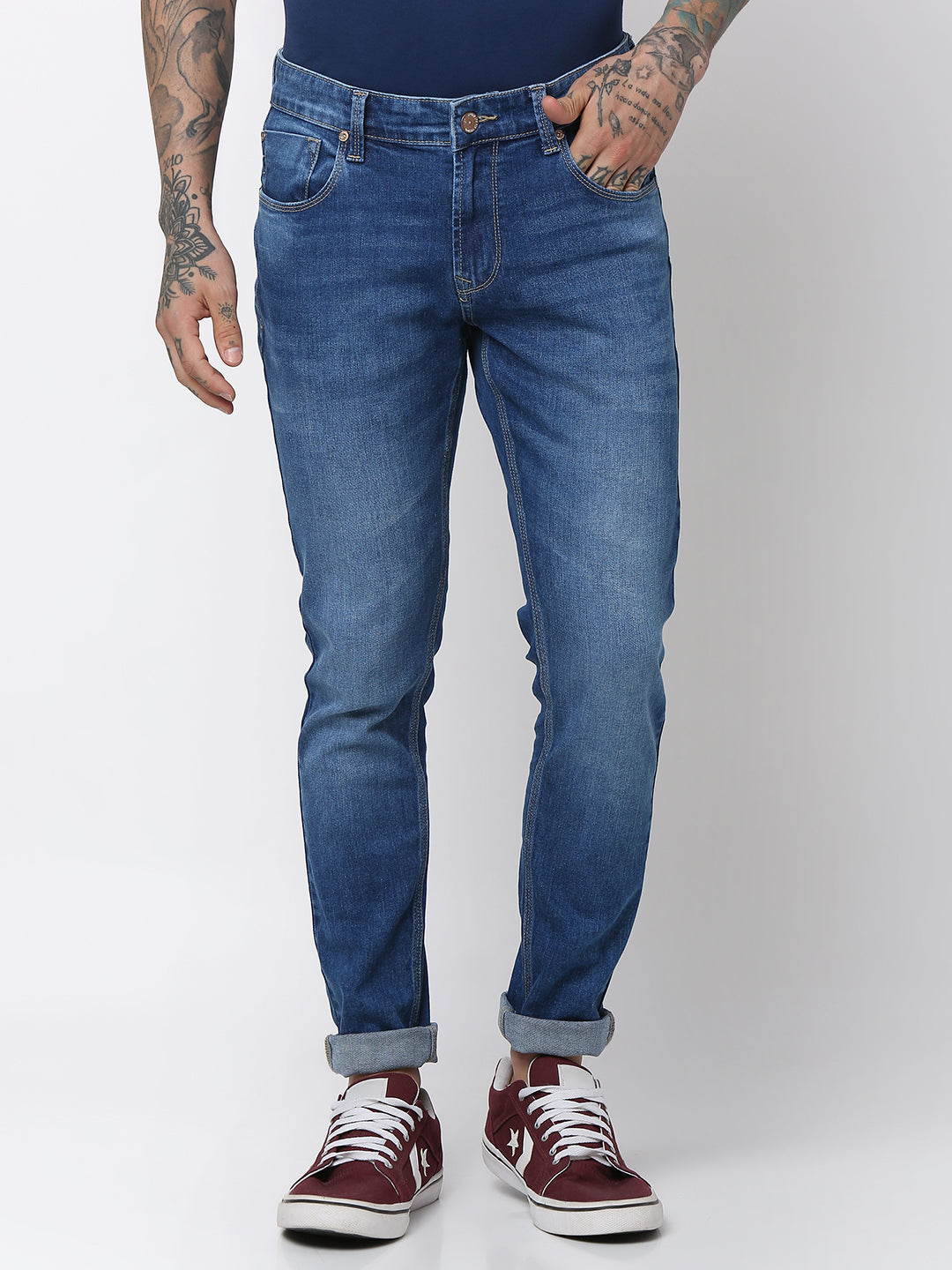 Spykar Men Mid Blue Cotton Super Slim Fit Tapered Length Jeans (Super Skinny)