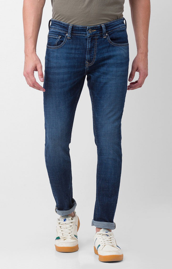 Spykar Dark Blue Cotton Super Slim Fit Tapered Length Jeans For Men (Super Skinny)