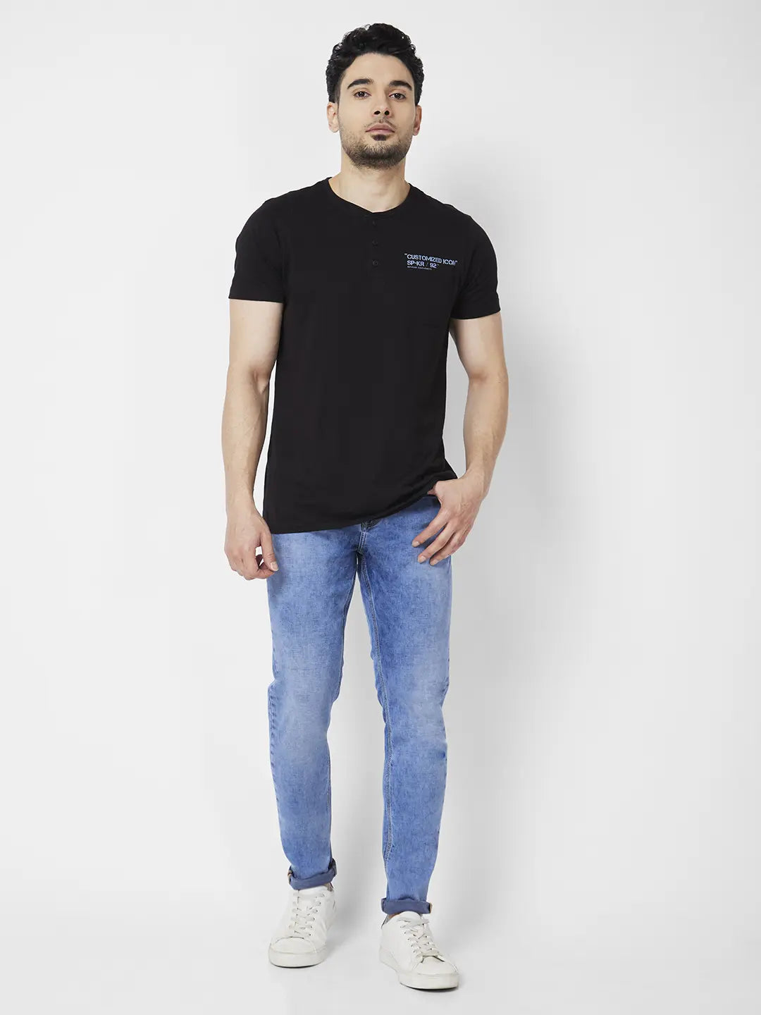 Spykar Men Light Blue Cotton Stretch Super Slim Fit Tapered Length Clean Look Low Rise Jeans (Super Skinny)