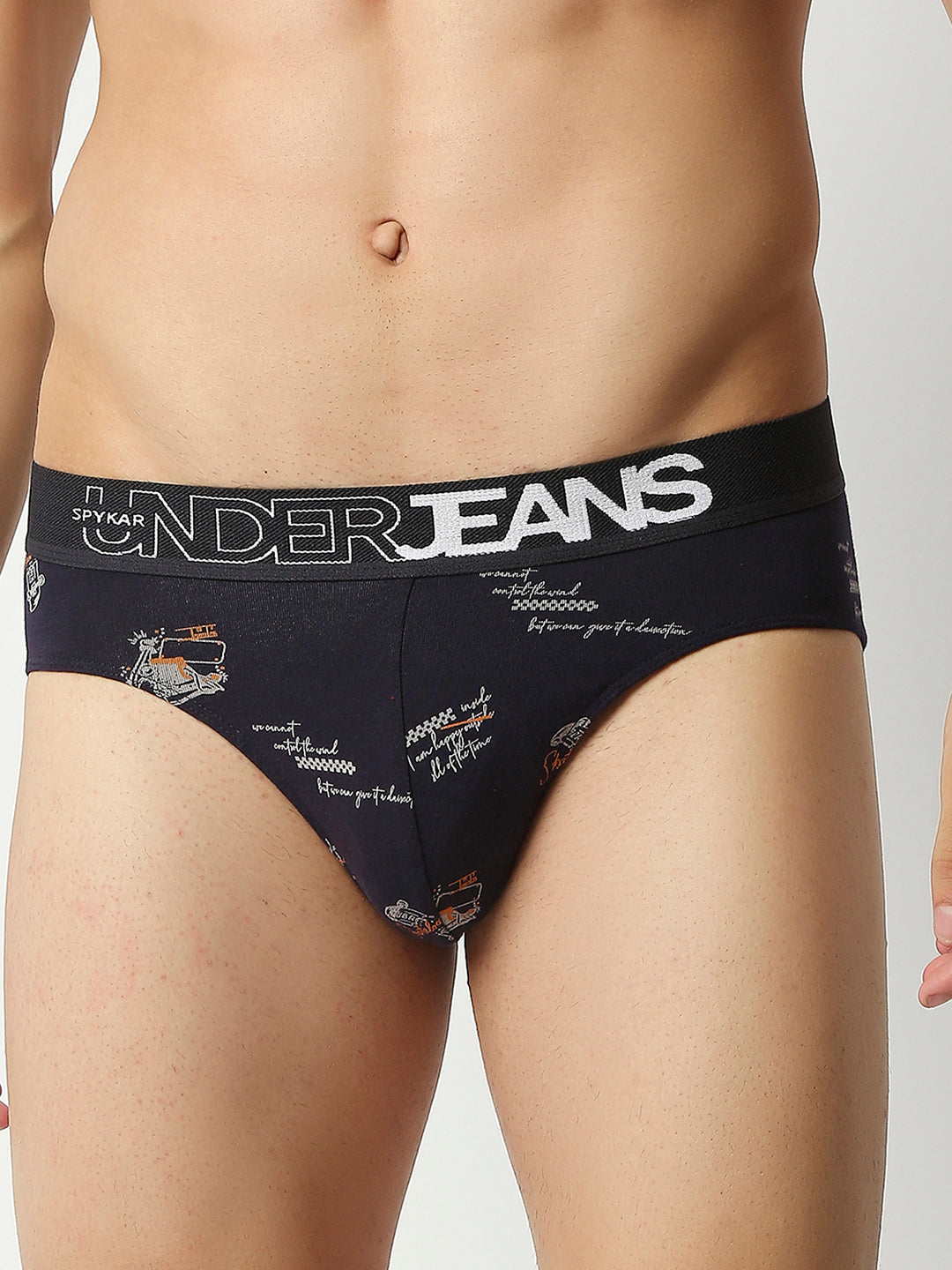 Men Navy Blue Cotton Blend Regular Fit Brief- Underjeans By Spykar