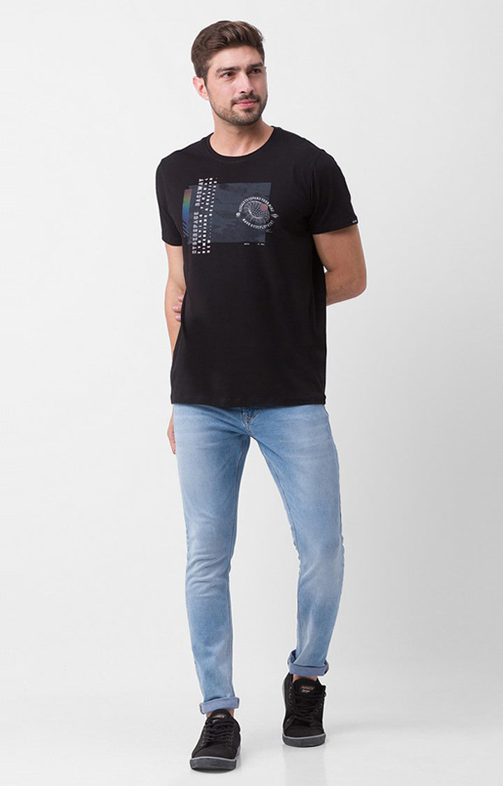 Spykar Black Cotton Half Sleeve Printed Casual T-Shirt For Men