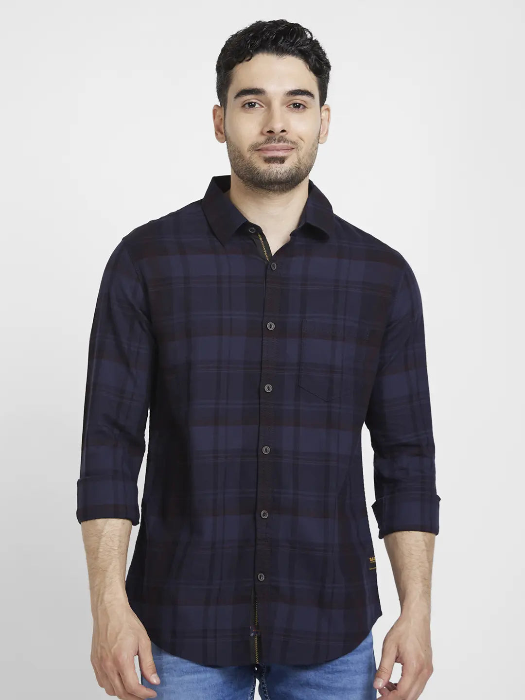 Spykar Men Indigo Blue Cotton Regular Slim Fit Full Sleeve Checkered Shirt