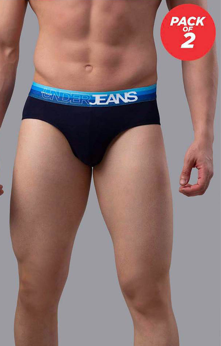 Navy Cotton Brief For Men - (Pack Of 2)- Underjeans By Spykar