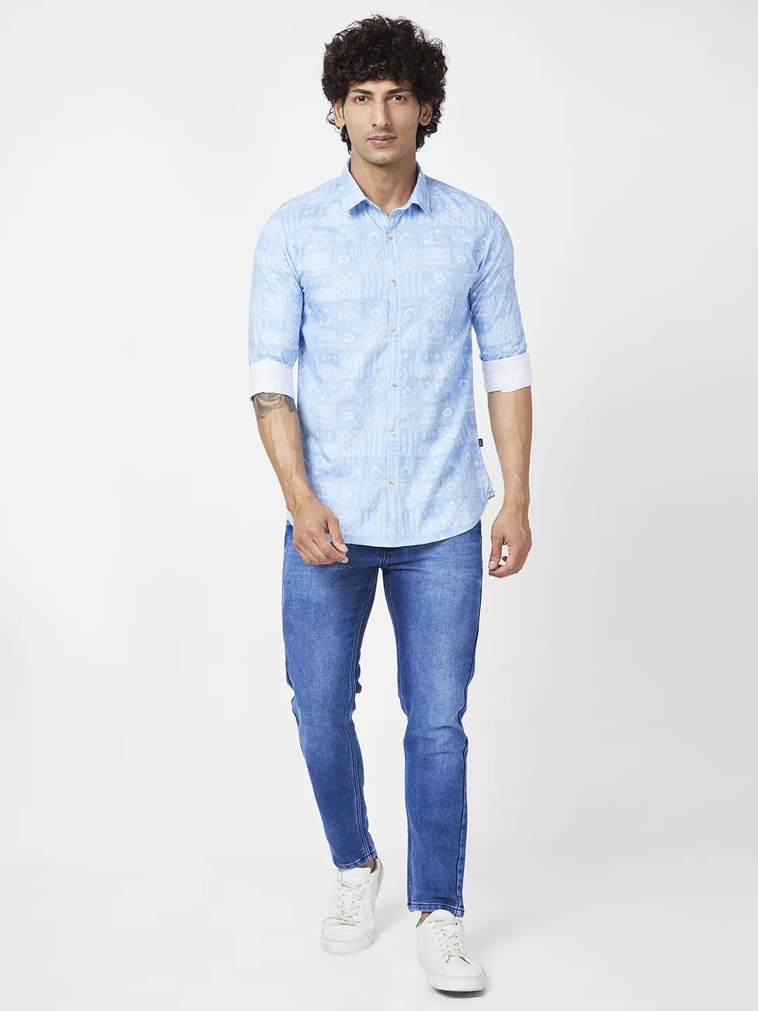 Spykar Men Sky Blue Slub Regular Slim Fit Full Sleeve Causal Printed Shirt
