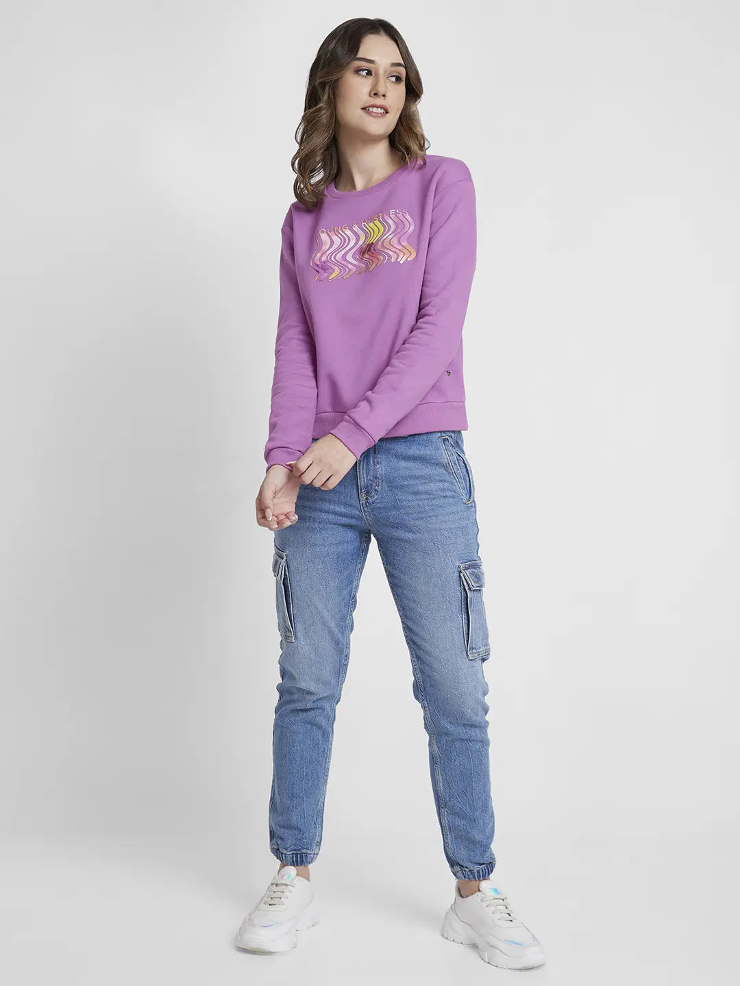 Spykar Women Digitallavender Blended Regular Fit Round Neck Printed Sweatshirt