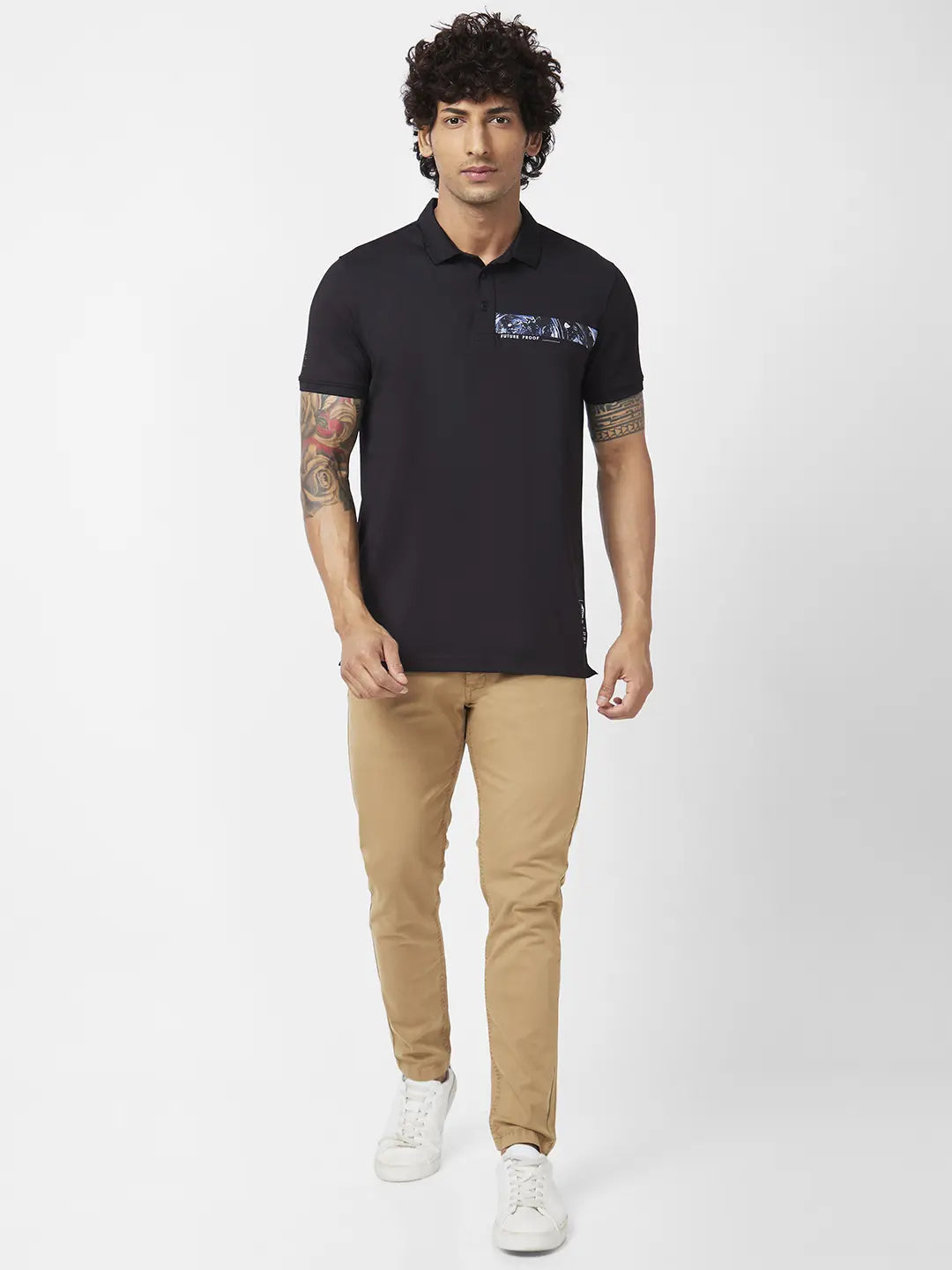 Spykar Men Black Blended Slim Fit Half Sleeve Polo Neck Plain Tshirt
