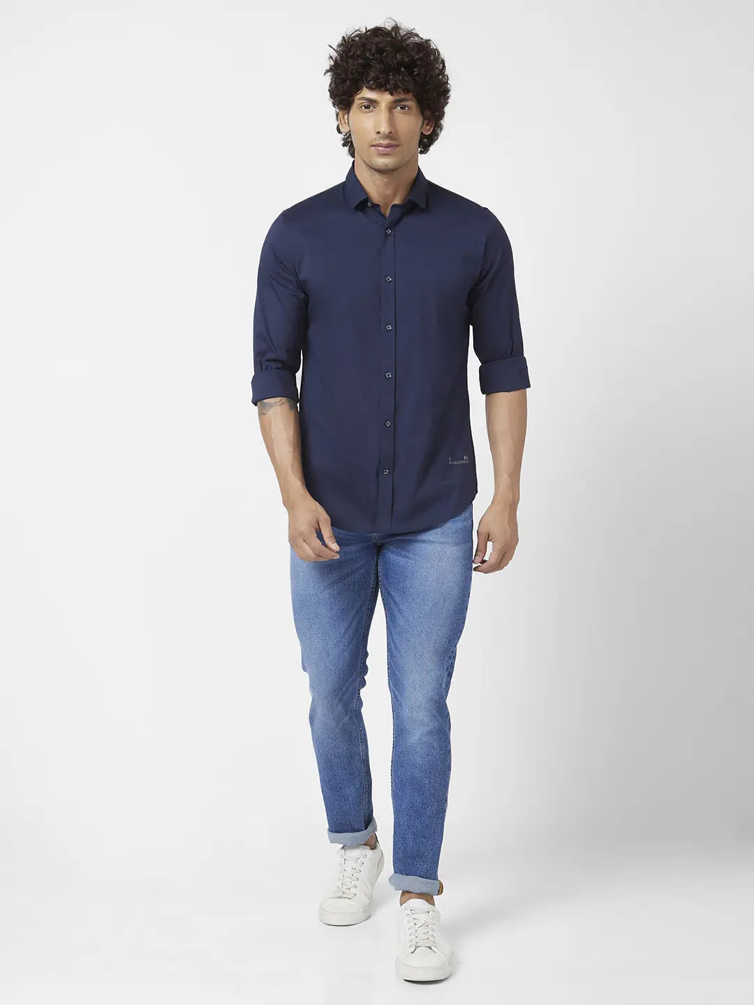 Spykar Men Navy Blue Dyed Regular Slim Fit Full Sleeve Plain Shirt