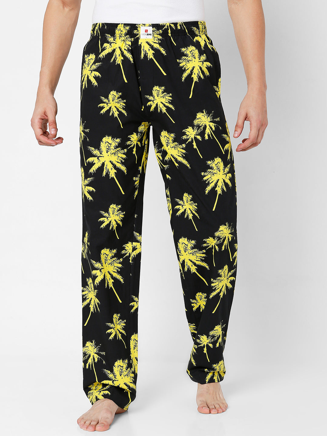 Men Black & Yellow Cotton Printed Pyjama - Underjeans By Spykar