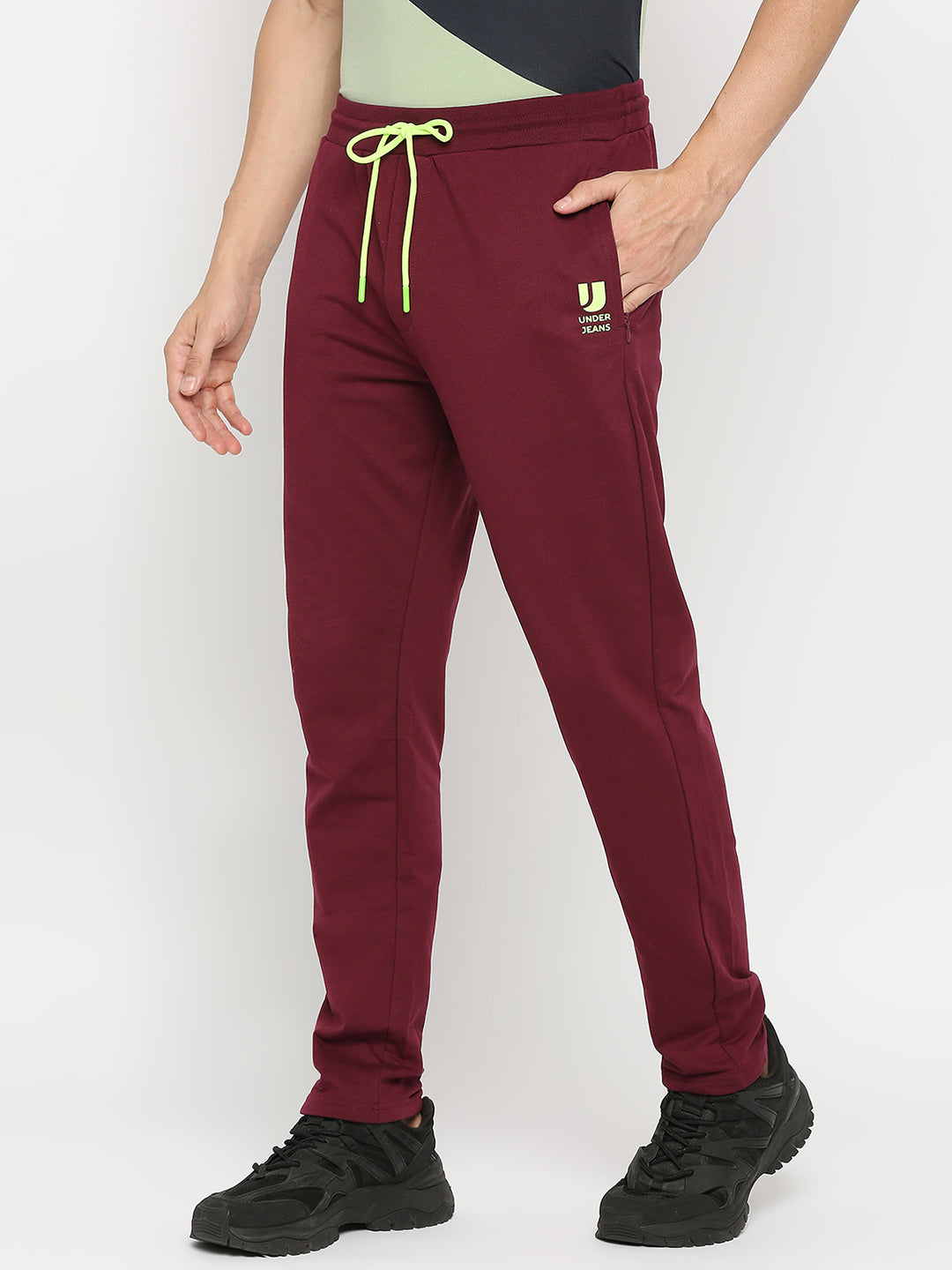 Men Cotton Blend Wine Trackpant - Underjeans By Spykar