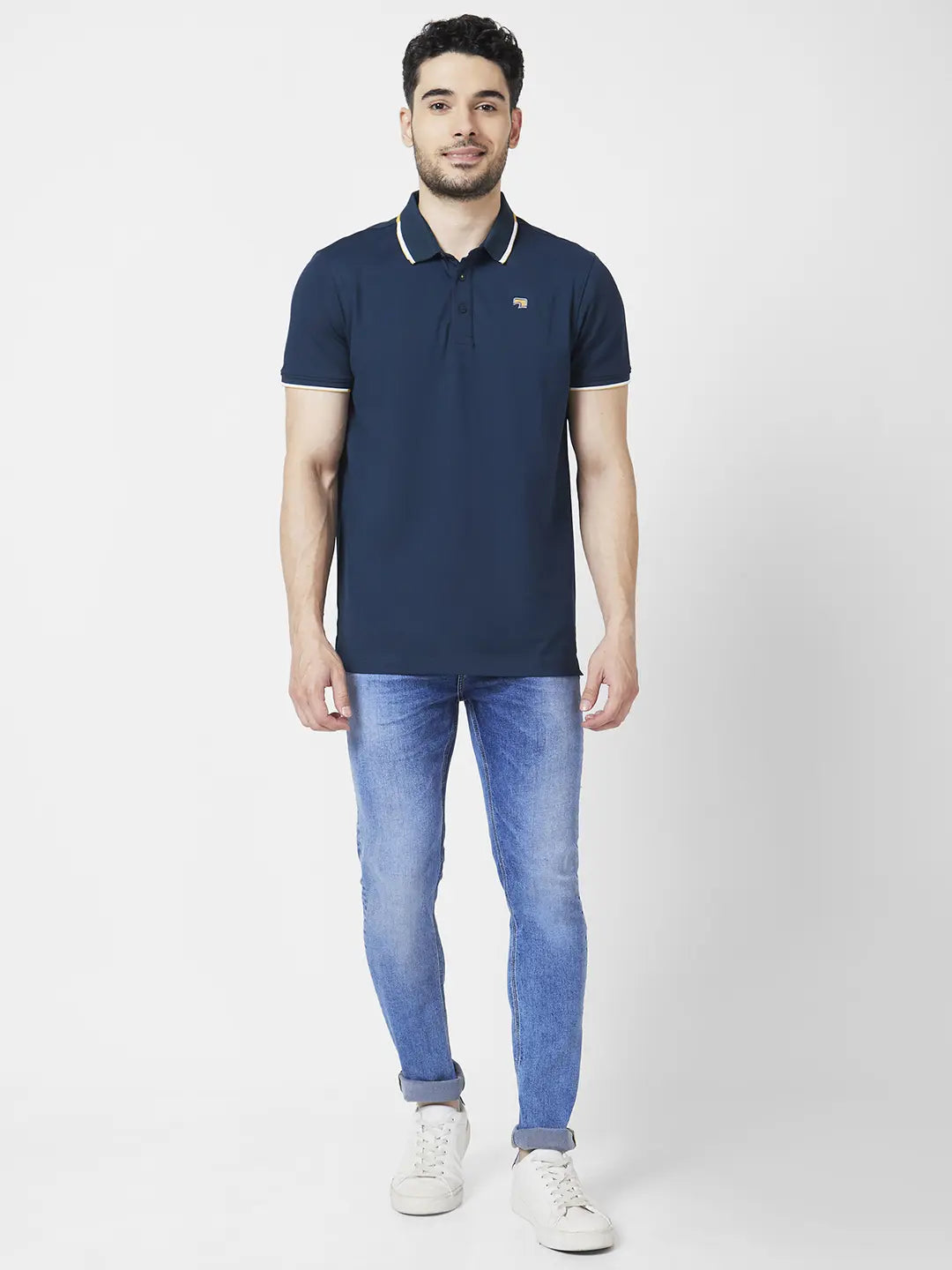 Spykar Men Teal Blue Blended Slim Fit Half Sleeve Polo Neck Plain Tshirt