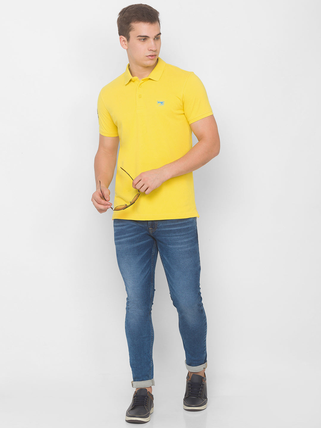 Spykar Men Yellow Cotton Slim Fit Polo T-Shirt