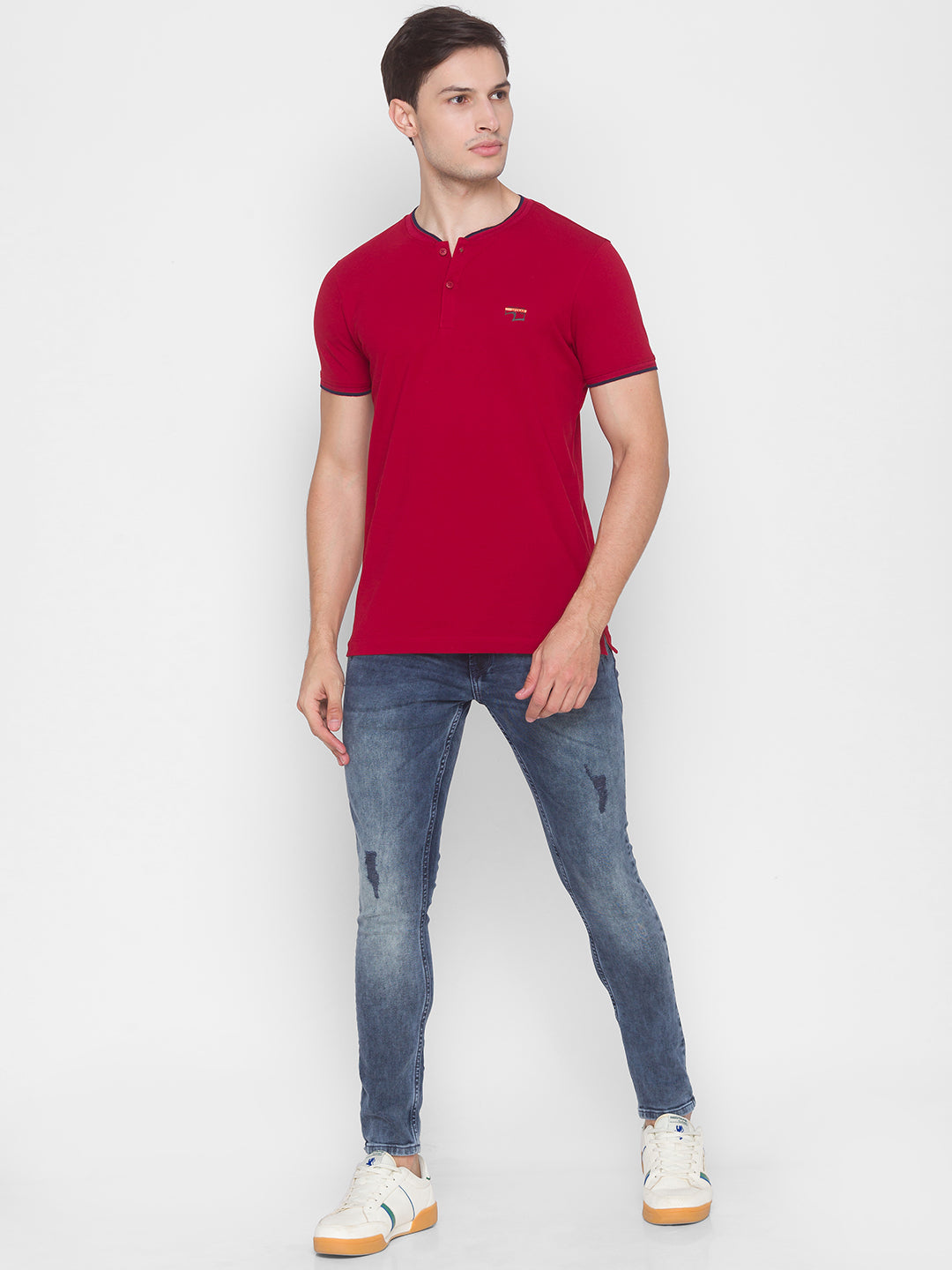 Spykar Men Red Cotton Slim Fit Round Neck T-Shirt