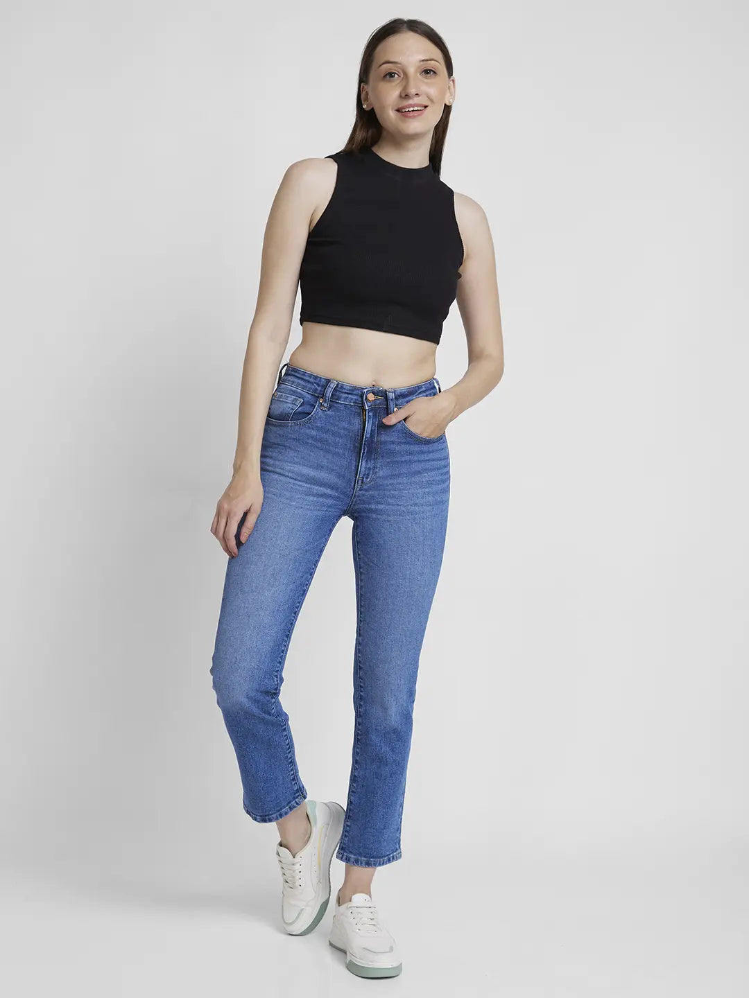 Spykar Women Mid Blue Lycra Slim Straight Fit Ankle Length Clean Look Jeans -(Emma)