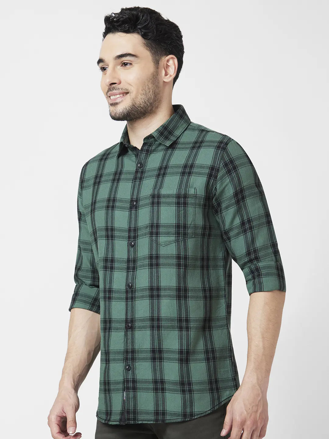 Spykar Men Sage Green Cotton Regular Slim Fit Full Sleeve Checkered Shirt