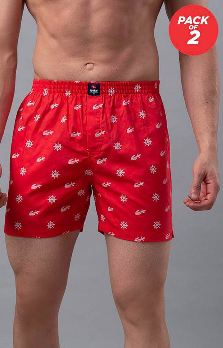 Red Cotton Boxers For Men - (Pack Of 2)- Underjeans By Spykar
