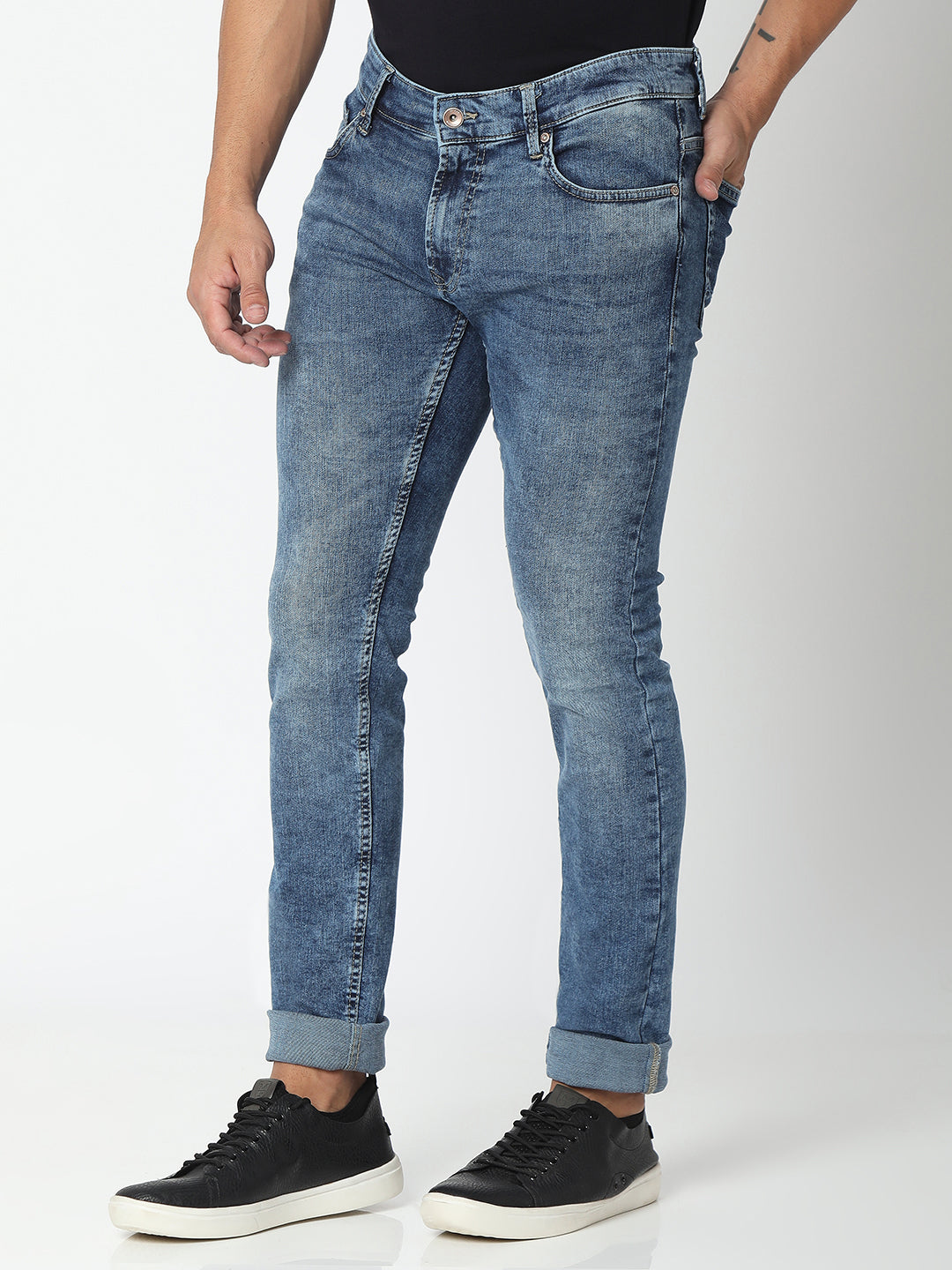 Spykar Mid Blue Cotton Slim Fit Narrow Length Jeans For Men (Skinny)