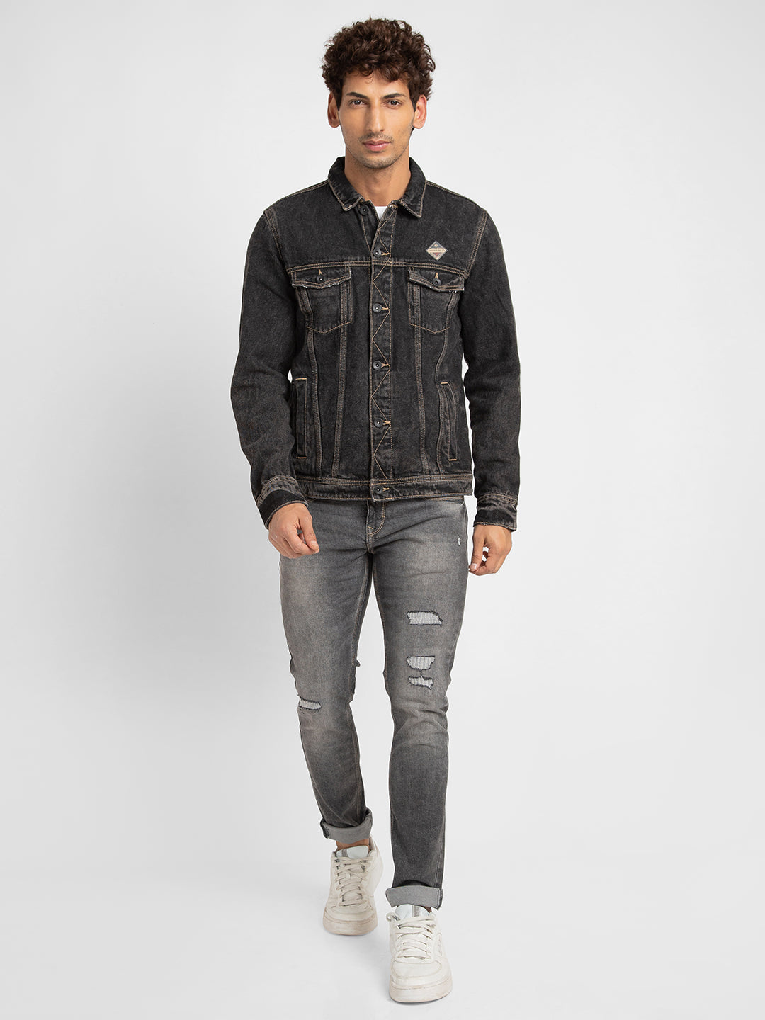 Spykar Men Black Cotton Slim Fit Denim Jacket