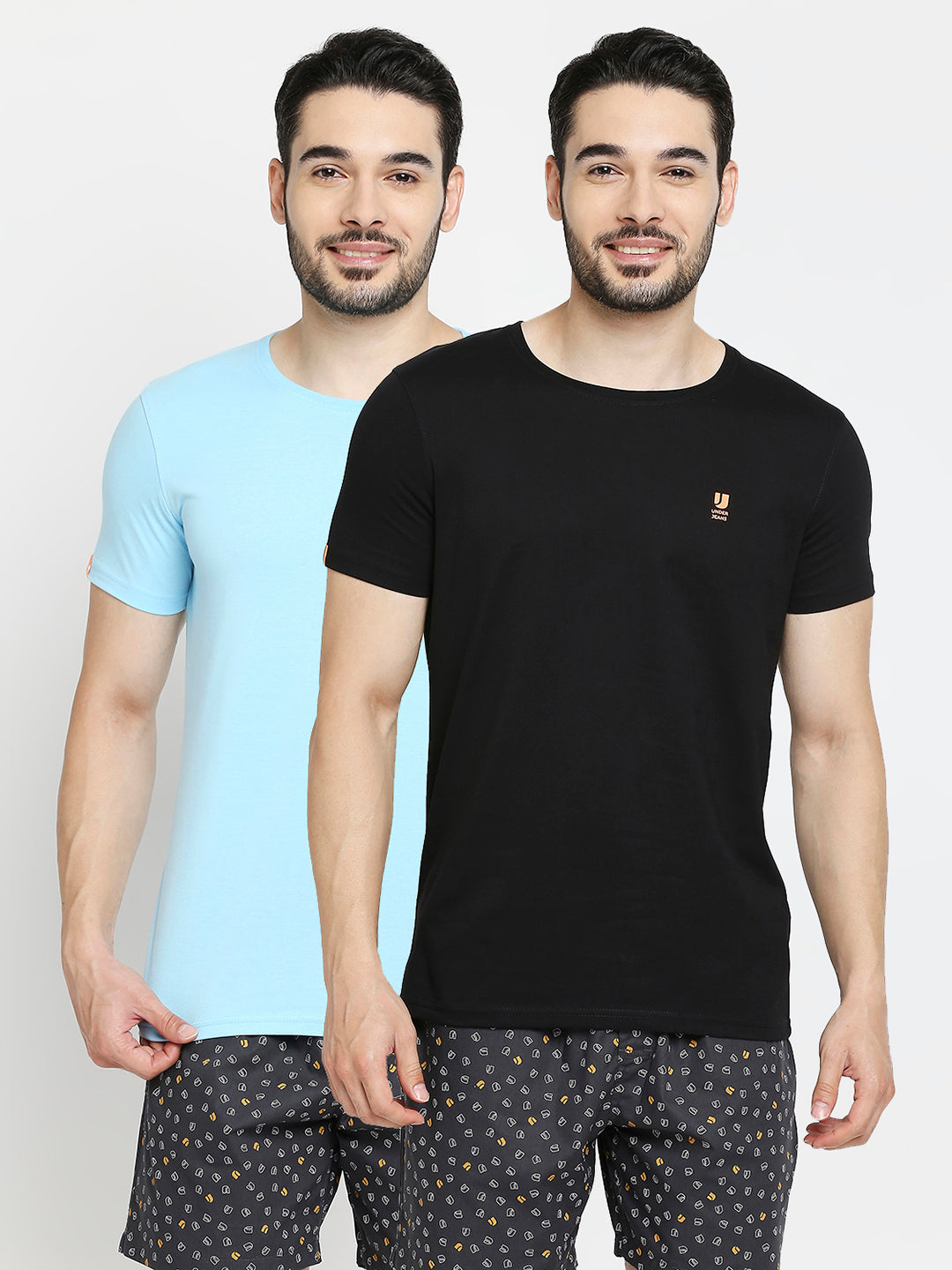 Men Black & Blue Cotton Regular Fit Round Neck T-Shirts - Pack Of 2- Underjeans By Spykar