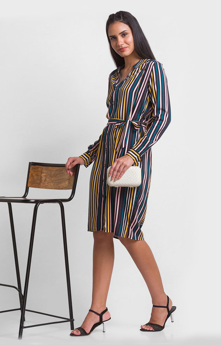 Spykar Teal Cotton Regular Fit Stripes Dress For Women