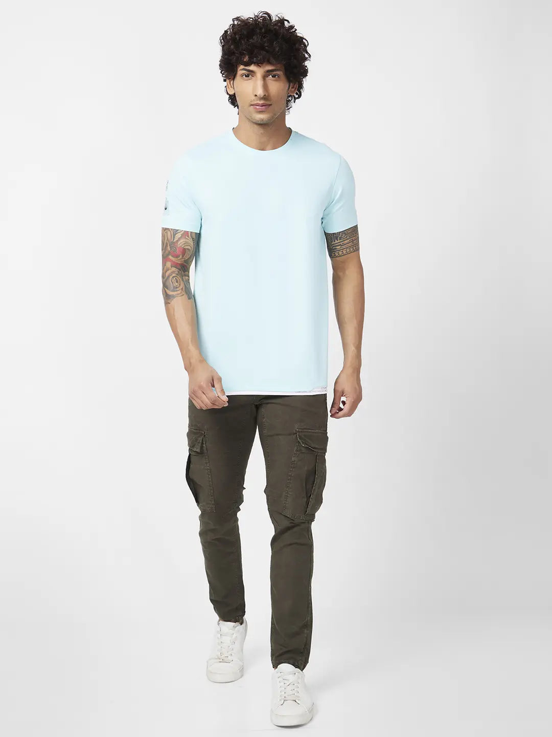 Spykar Men Bleached Aqua Blended Slim Fit Half Sleeve Round Neck Plain Tshirt