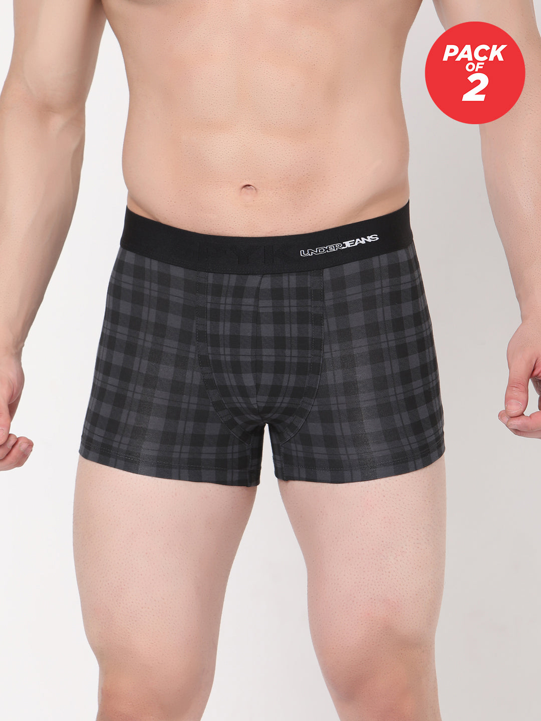 Men Cotton Blend Black-Check Trunk - (Pack Of 2)- Underjeans By Spykar