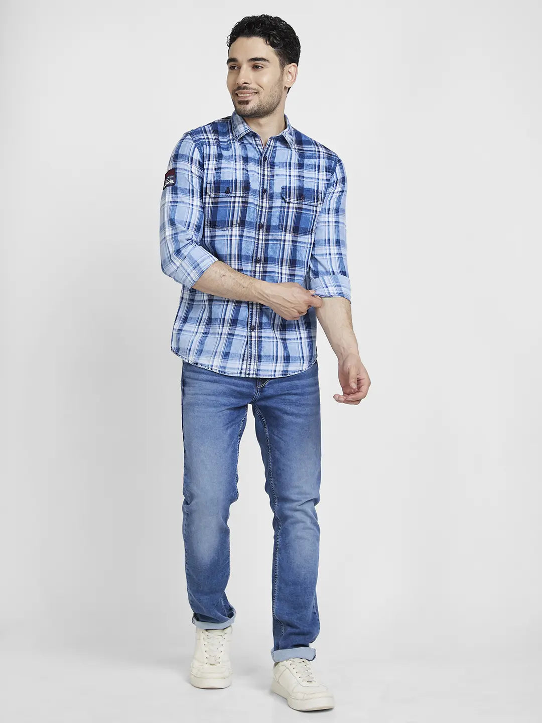Spykar Men Indigo Blue Cotton Regular Slim Fit Full Sleeve Checkered Shirt