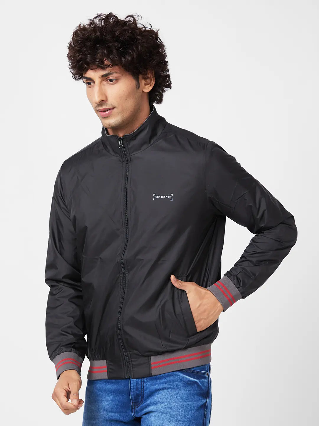 MEN'S SHELL JACKET WITH CHEST EMBROIDERY & CONTRAST RIB DETAIL