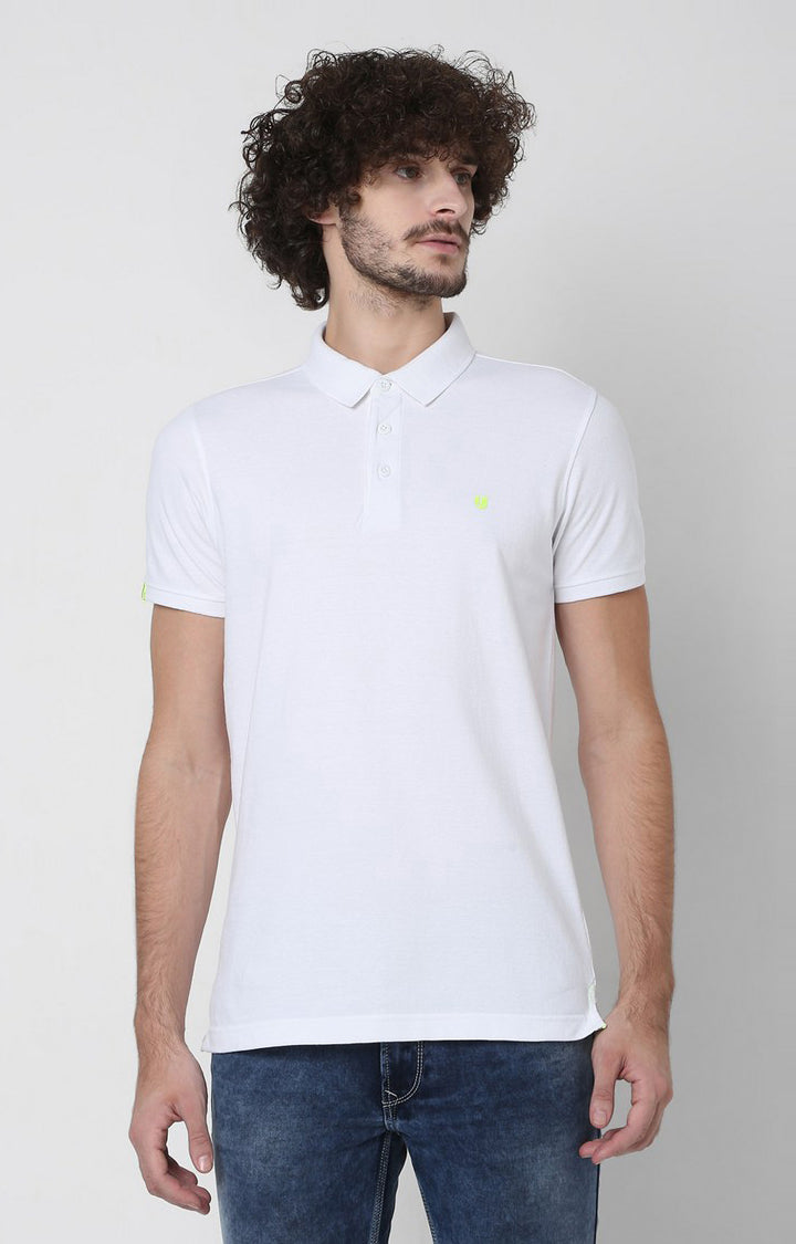 Men White Cotton Slim Fit Polo T-Shirt - Underjeans By Spykar