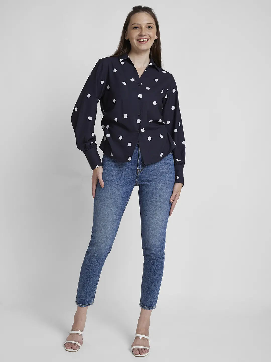 Spykar Women Black Cotton Regular Fit Full Sleeve Printed Shirt