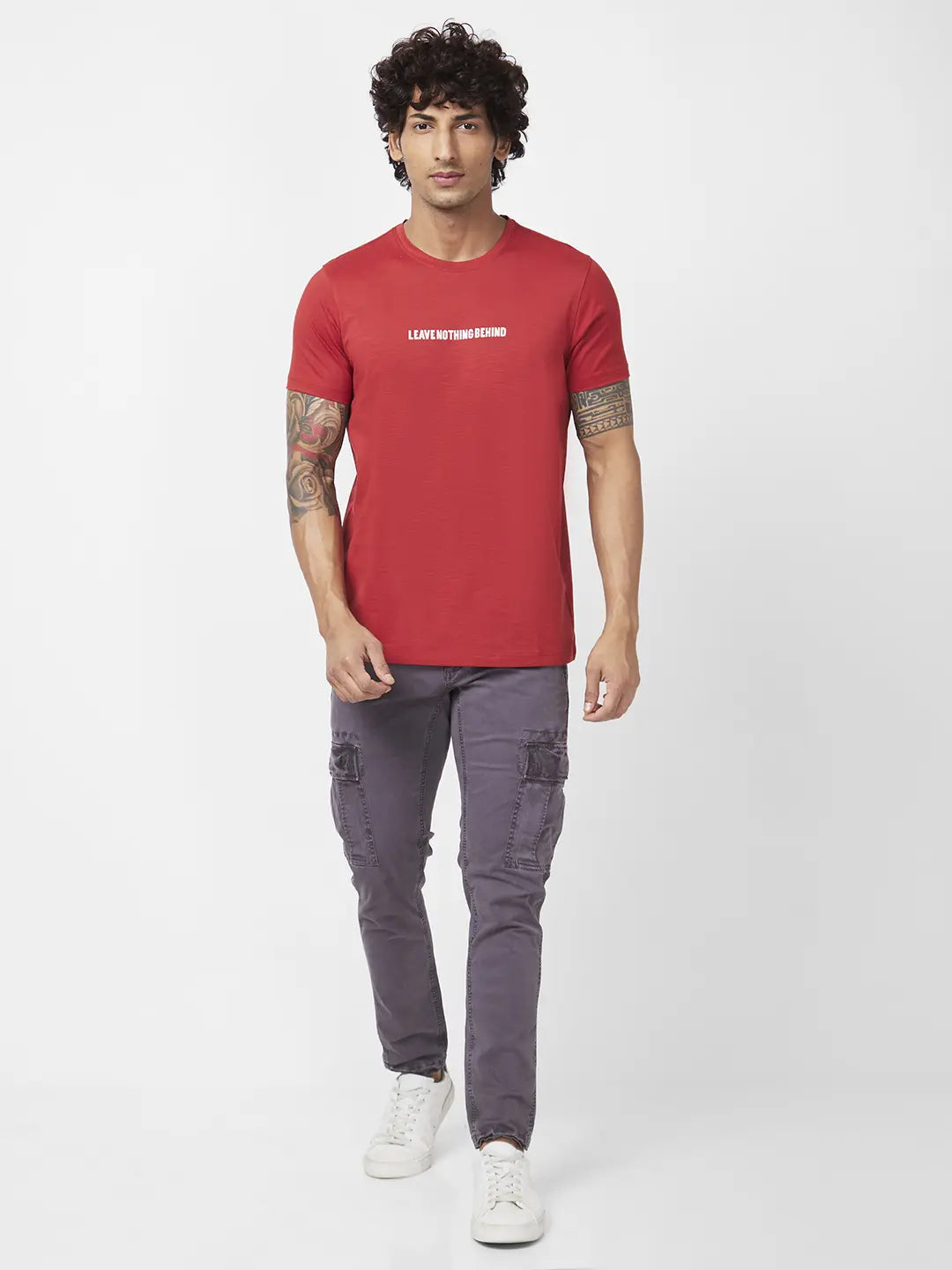 Spykar Men Burnt Orange Blended Slim Fit Half Sleeve Round Neck Printed Tshirt