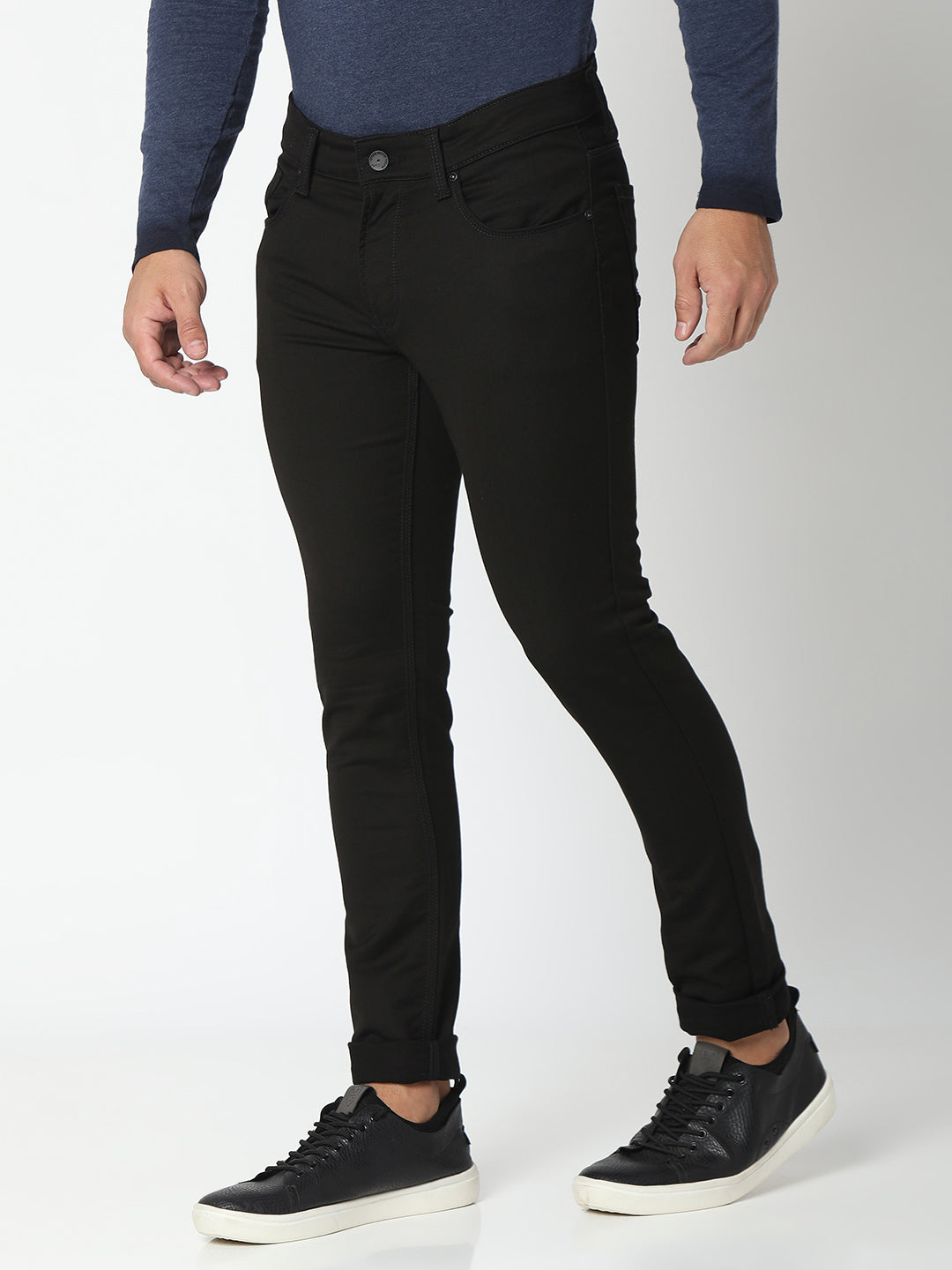 Spykar Black Cotton Super Slim Fit Tapered Length Jeans For Men