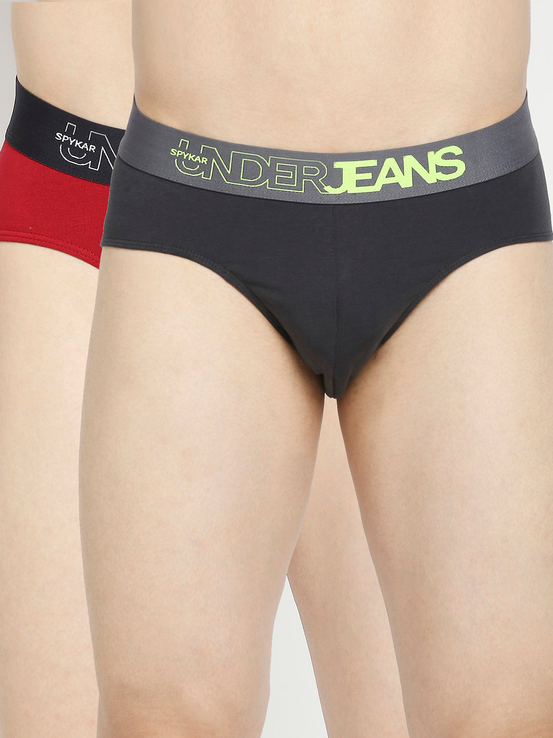 Men Maroon & Dark Grey Cotton Blend Brief - Pack Of 2- Underjeans By Spykar