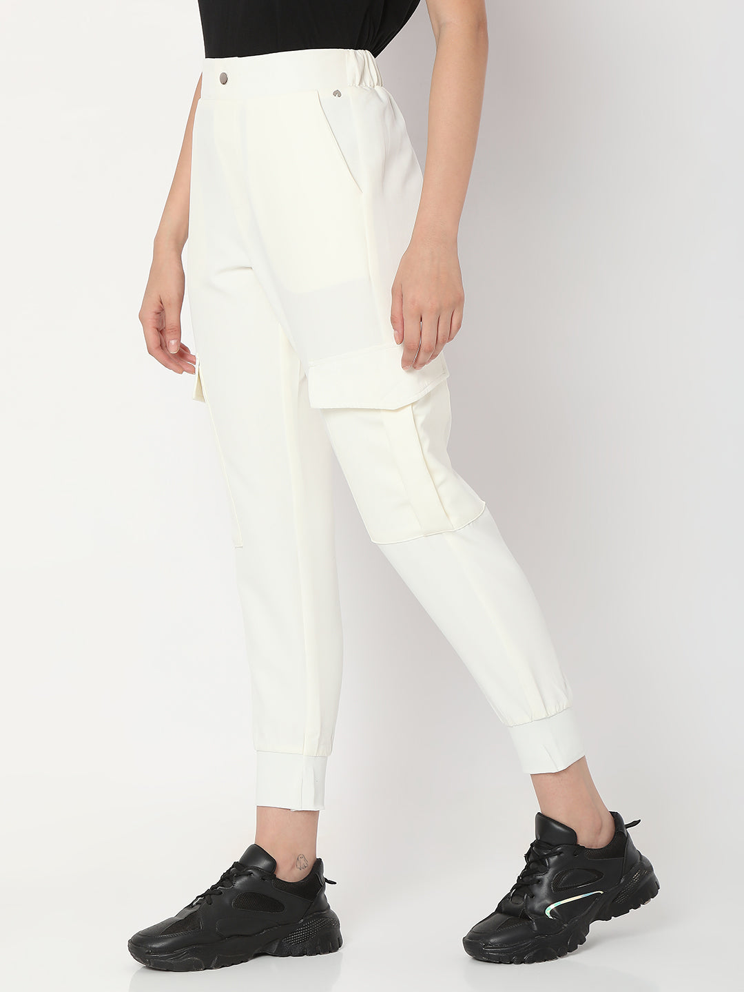 Spykar White Cotton Regular Fit Trackpant For Women