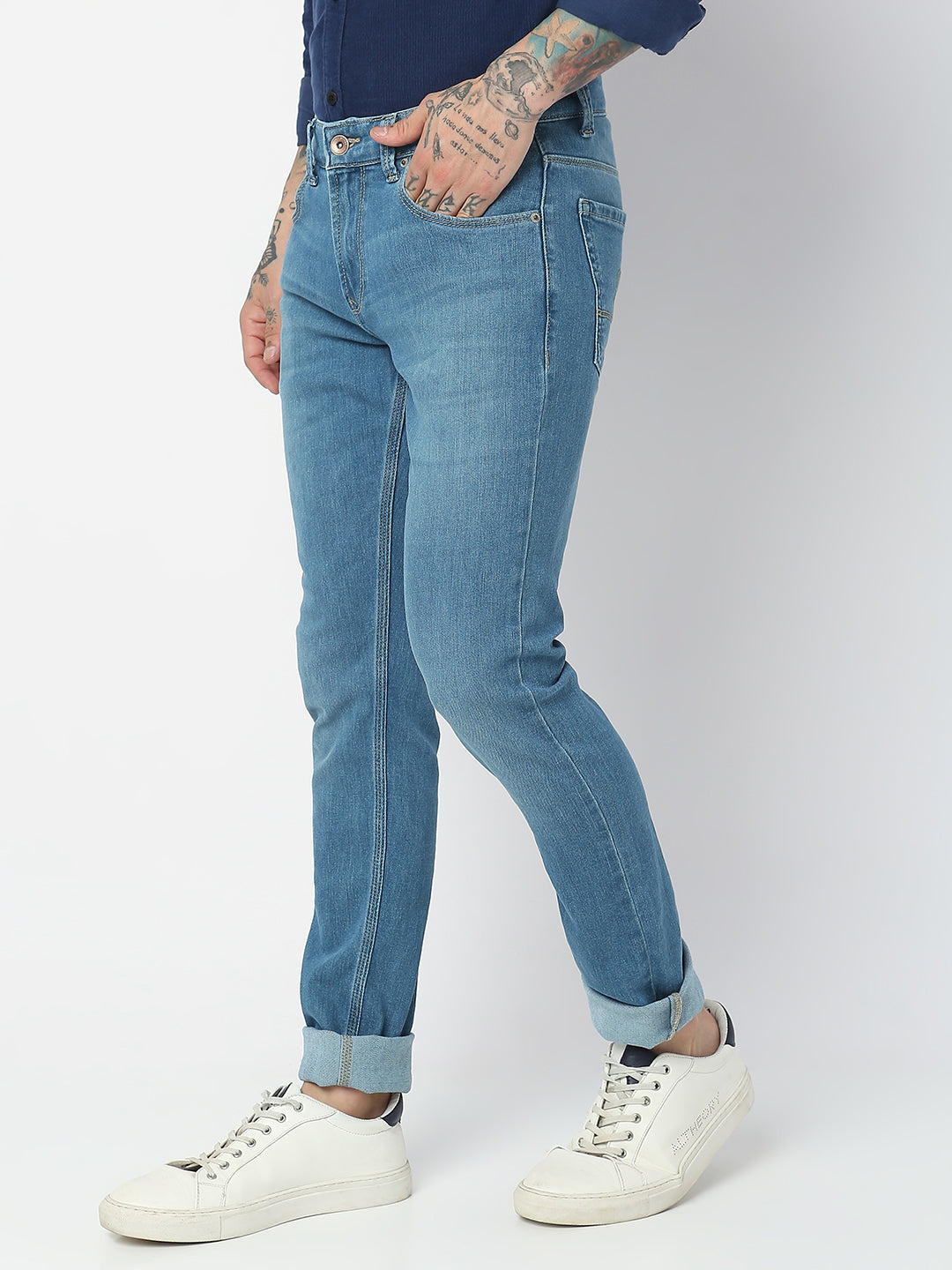 Spykar Men Mid Blue Cotton Slim Fit Narrow Length Jeans (Skinny)