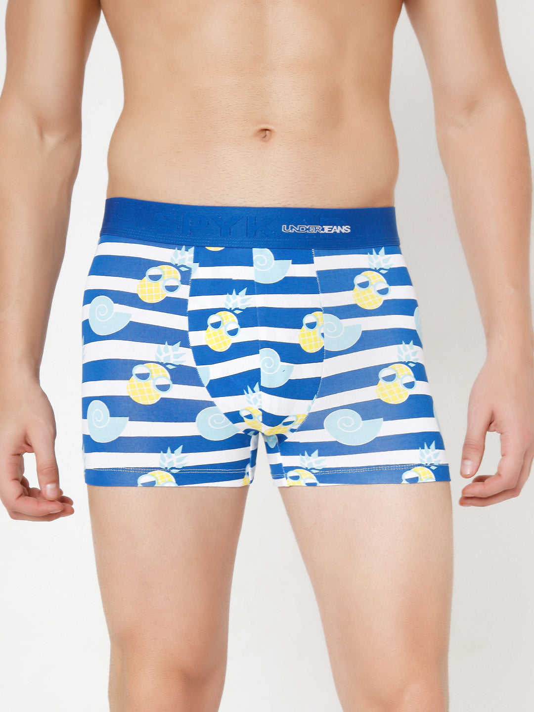 Men White Dark Blue Cotton Blend Regular Fit Trunk- Underjeans By Spykar